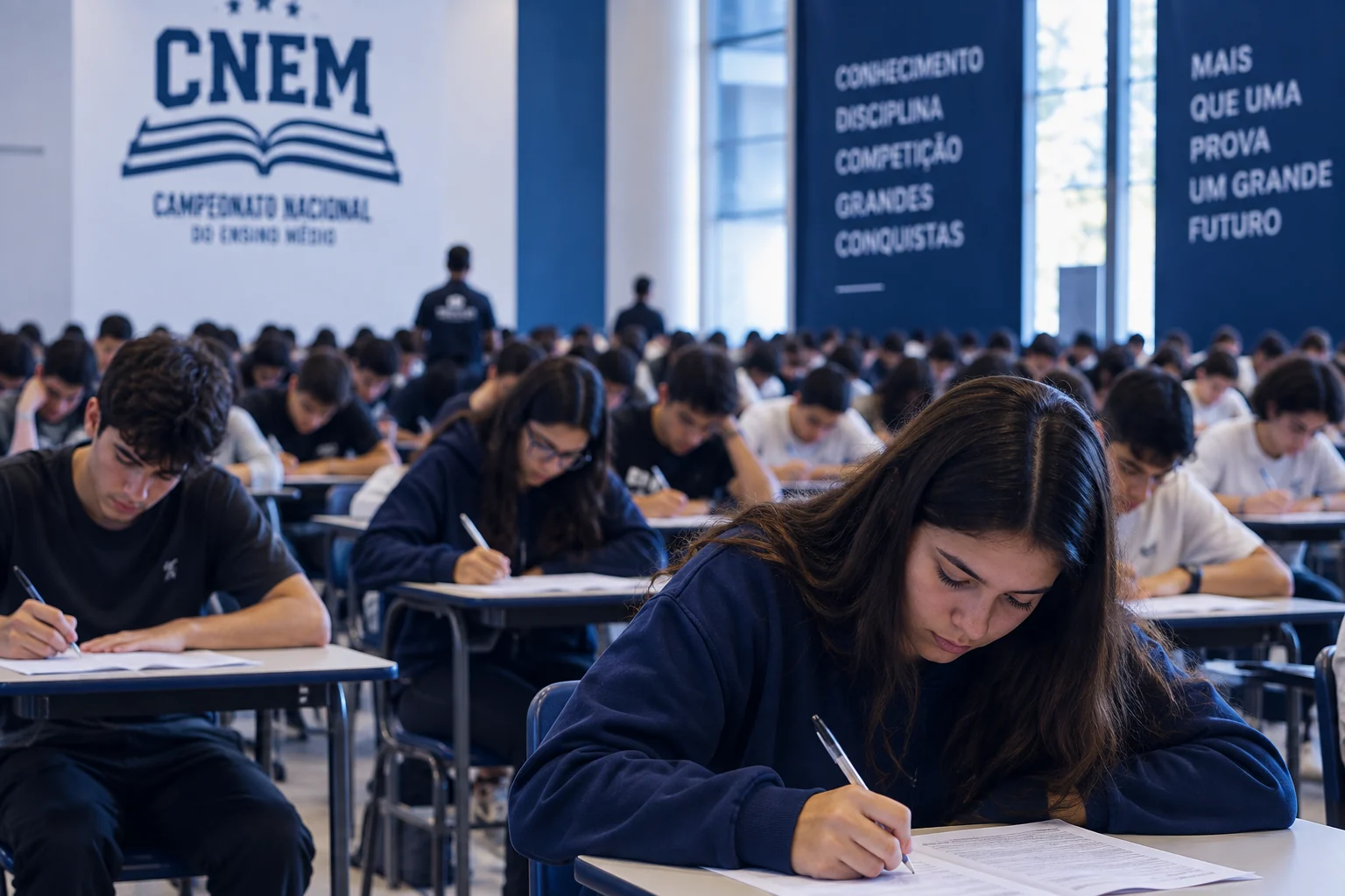 Estudantes concentrados realizando grande prova presencial